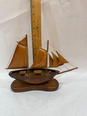 Vintage Handcrafted Wooden Model Sailboat on Wooden Base