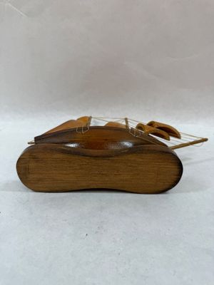 Vintage Handcrafted Wooden Model Sailboat on Wooden Base