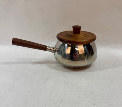 Vintage Mid-Century Stainless Steel & Wood Handle Fondue Pot / Saucepan