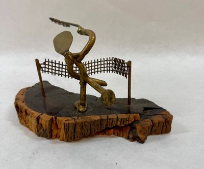 Gino Perry Metal Tennis Player Sculpture on Wood Base