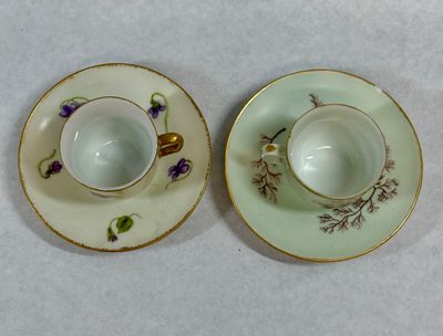 Pair of Vintage Hand-Painted Porcelain Demitasse Cups and Saucers