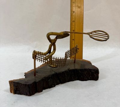 Gino Perry Metal Tennis Player Sculpture on Wood Base