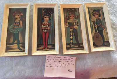 Sale Photo Thumbnail #10: Set of four vintage 1960s big-eyed harlequin children framed art prints 