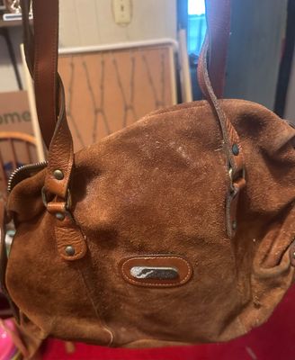 Sale Photo Thumbnail #12: Vintage brown suede handbag featuring smooth leather straps and brass hardware.