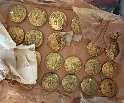 Sale Photo Thumbnail #113: Collection of vintage gold-tone metal blazer buttons with embossed crest designs