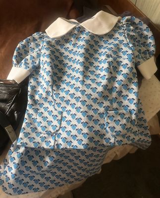 Sale Photo Thumbnail #26: Vintage blue and white apple-print dress with a Peter Pan collar and cuffed short sleeves.