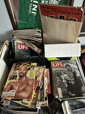 Sale Photo Thumbnail #80: Collection of vintage magazines featuring Life and The Ring issues, along with novelty items and posters.