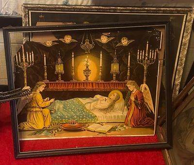 Sale Photo Thumbnail #21: Vintage framed religious lithograph depicting angels tending to a reclining figure, displaying visible wear and tears along the top edges but still a fabulous piece 