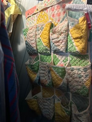 Sale Photo Thumbnail #32: Vintage quilted hanging shoe or pocket organizer 