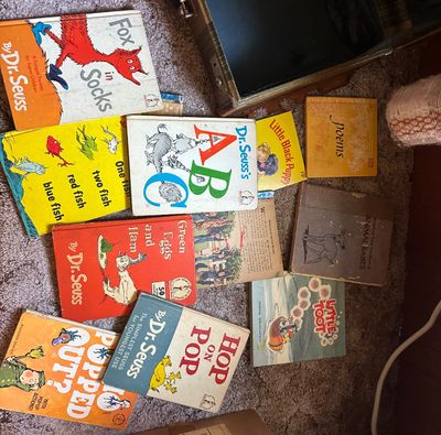 Sale Photo Thumbnail #8: Collection of vintage children's books, including several Dr. Seuss titles such as Green Eggs and Ham, Hop on Pop, and Fox in Socks