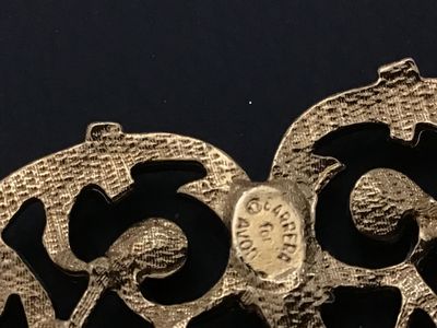 Sale Photo Thumbnail #6: A vintage Jose Barrera for Avon gold-tone collar statement necklace featuring intricate filigree scrollwork set with clear rhinestones. Includes an adjustable hook closure with an extender chain. Hallmarked 'Barrera for Avon' on the back. The necklace mea