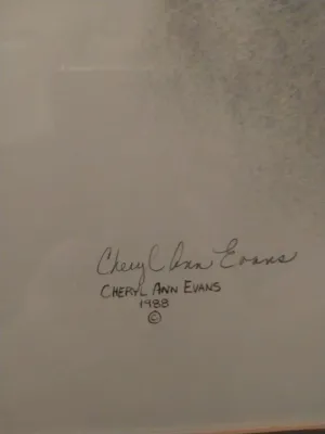Sale Photo Thumbnail #70: Artist's signature and copyright mark reading 'Cheryl Ann Evans 1988' on a piece of artwork.
