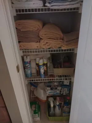 Sale Photo Thumbnail #95: Linen closet filled with stacked bath towels, Lysol disinfectant spray, air fresheners, and household cleaning supplies.