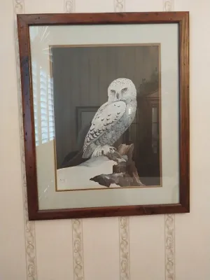 Sale Photo Thumbnail #40: Framed snowy owl art print, matted in a dark wood frame.