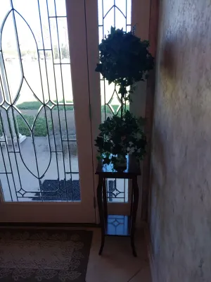 Sale Photo Thumbnail #44: Artificial topiary plant on a dark wood plant stand with a lower shelf, displayed near an entry door.