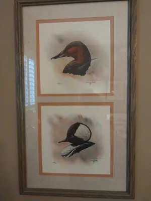Sale Photo Thumbnail #83: Pair of signed and numbered waterfowl prints by Cheryl Ann Evans, dated 1980, double-matted in a wooden frame.