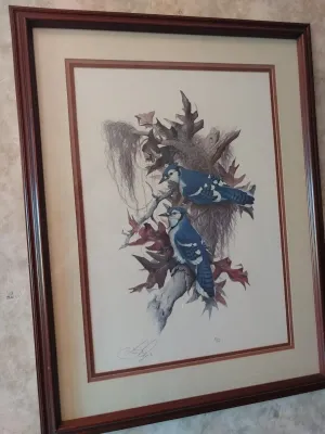 Sale Photo Thumbnail #42: Framed and matted wildlife art print featuring two blue jays perching on oak leaves and Spanish moss, signed by the artist in the lower corner.