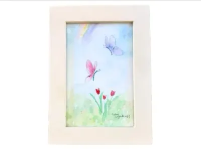 Sale Photo Thumbnail #187: Framed watercolor painting depicting butterflies and flowers, signed by artist Cory and dated '85.
