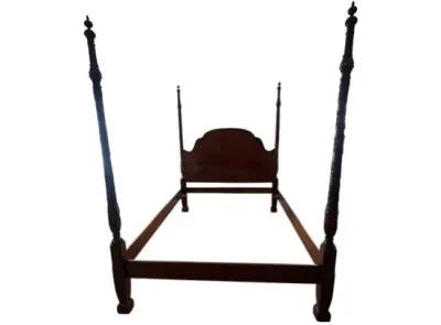Sale Photo Thumbnail #11: Traditional wooden four-poster bed frame featuring turned tall posts with decorative finials and a arched headboard.