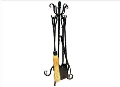 Sale Photo Thumbnail #48: Black wrought iron fireplace tool set with stand, including a poker, shovel, tongs, and straw broom.
