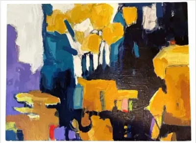 Sale Photo Thumbnail #72: Abstract expressionist oil painting featuring bold brushstrokes in vivid shades of yellow, blue, black, and purple.