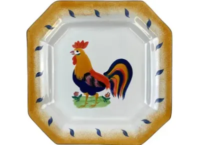 Sale Photo Thumbnail #104: Octagonal ceramic serving platter featuring a hand-painted colorful rooster motif and a mottled yellow rim with leaf accents.