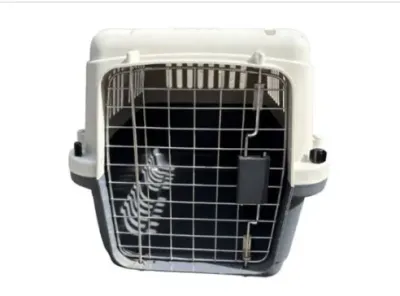 Sale Photo Thumbnail #194: Two-tone plastic pet carrier crate featuring a metal wire door with a squeeze latch.