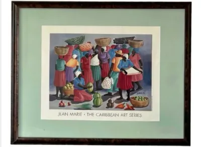 Sale Photo Thumbnail #201: Framed Jean Marie "The Caribbean Art Series" art print depicting a vibrant market scene, presented in a dark wood frame with green matting.