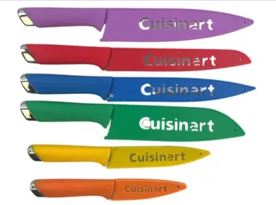 Sale Photo Thumbnail #120: Set of six multi-colored Cuisinart stainless steel kitchen knives with matching blade guards.