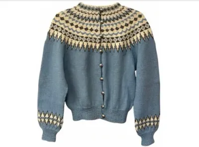 Sale Photo Thumbnail #149: Vintage Nordic-style knit cardigan sweater in dusty blue, featuring intricate Fair Isle geometric patterning around the yoke and cuffs with pewter-tone metal buttons.