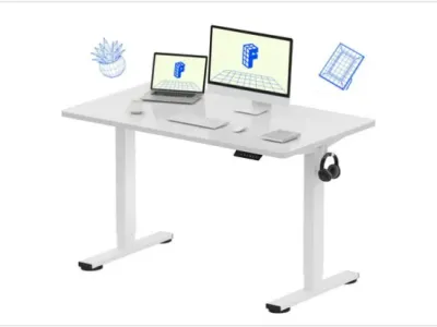 Sale Photo Thumbnail #42: Modern white electric adjustable standing desk featuring a digital control panel, integrated headphone hook, and T-frame legs.