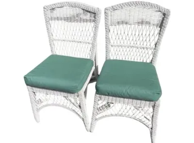 Sale Photo Thumbnail #21: Pair of white woven wicker patio dining chairs featuring braided trim details and teal seat cushions.