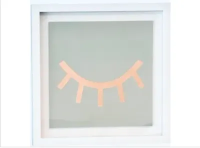 Sale Photo Thumbnail #188: Framed modern minimalist wall art featuring a metallic rose gold stylized eyelashes graphic on a light grey background.