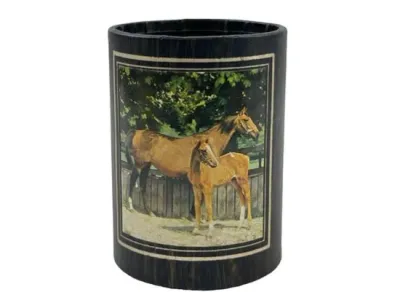 Sale Photo Thumbnail #89: Vintage dark wood or vinyl wastebasket featuring a framed illustration of a mare and foal.