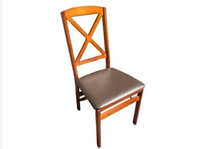 Sale Photo Thumbnail #26: Wooden dining side chair featuring an X-back design and a smooth brown upholstered seat cushion.