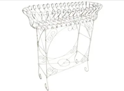 Sale Photo Thumbnail #176: Vintage white wrought iron wire planter stand featuring scrolling wirework detailing and an open basin design.