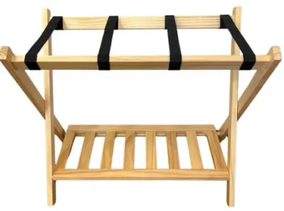 Sale Photo Thumbnail #192: Folding wooden luggage rack featuring black nylon fabric straps and a bottom slatted storage shelf.