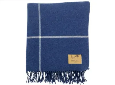 Sale Photo Thumbnail #139: Folded blue wool throw blanket with white windowpane striping, fringe trim, and a Loro Piana Made in Italy tag.