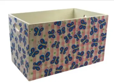 Sale Photo Thumbnail #179: Rectangular wooden storage crate featuring a pink checkered pattern with blue butterflies and cut-out handles.