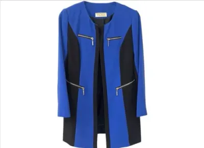 Sale Photo Thumbnail #147: Women's royal blue and black color-block open-front jacket featuring zippered accents.