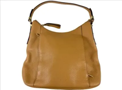 Sale Photo Thumbnail #153: Tan pebbled leather hobo shoulder bag with gold-tone hardware and top zip closure.