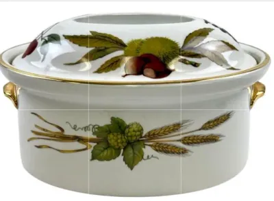 Sale Photo Thumbnail #114: Villeroy & Boch 'Botanica' pattern ceramic terrine or covered casserole dish featuring botanical illustrations and gold trim handles.