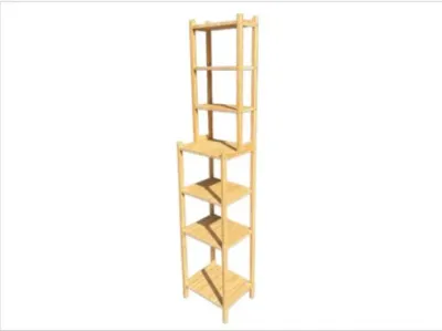 Sale Photo Thumbnail #173: Tall blonde light wood shelving unit with multiple tiered open display shelves.