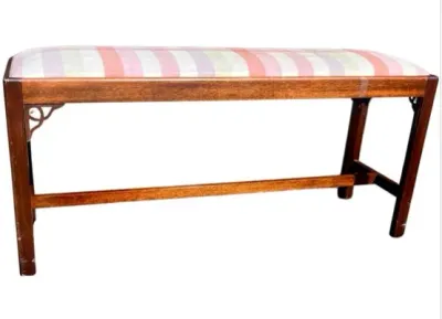 Sale Photo Thumbnail #5: Vintage Chippendale style wooden bench featuring a pastel striped fabric padded seat and decorative corner brackets.