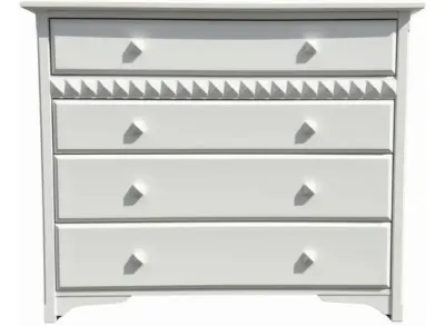 Sale Photo Thumbnail #44: White wooden four-drawer dresser featuring pyramid-style knobs and geometric textured trim above the lower drawers.