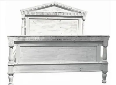 Sale Photo Thumbnail #10: Neoclassical style wooden bed frame featuring a distressed white finish and a pediment-topped headboard with column details.
