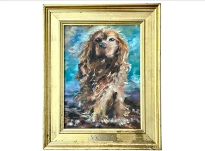 Sale Photo Thumbnail #77: Impressionist oil portrait of a long-haired spaniel dog titled "Mocha," presented in a molded gilt wood frame.
