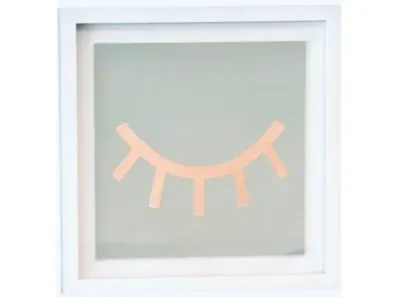 Sale Photo Thumbnail #189: Contemporary framed wall art featuring a metallic rose gold eyelash motif against a pale gray backdrop in a white square frame.