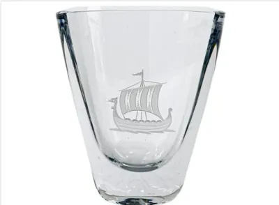 Sale Photo Thumbnail #8: Scandinavian mid-century heavy clear crystal vase featuring an etched Viking ship motif.