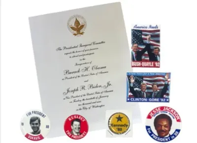 Sale Photo Thumbnail #37: Collection of US political memorabilia featuring a 2009 Barack Obama presidential inauguration invitation alongside campaign buttons and pins for Reagan, Clinton-Gore, Bush-Quayle, Dukakis, Kennedy, and Jesse Jackson.